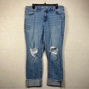 Old Navy Distressed Boyfriend Cuffed Hem Jeans 14 Medium Wash Mid-Rise Patch